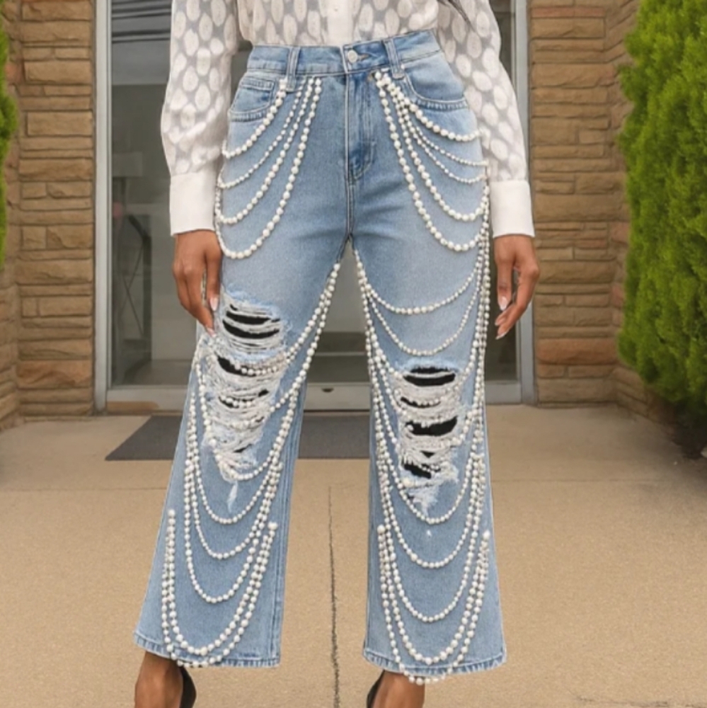 Pearl Embellished Wide Leg Jeans